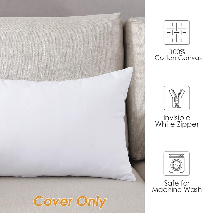 TAOSON Decorative 100% Cotton Canvas Square Solid Toss Pillowcase Cushion Cover Pillow Case with Hidden Zipper Closure Only Cover No Insert - White 12"x20"(30x50cm)