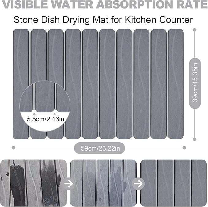 Stone Drying Mat for Kitchen Counter, 24"x16" Large Diatomaceous Earth Stone Dish Drying Mat, Fast Absorbing Foldable Quick Dry Stone Sink Mat for Dishes, Pans & Kitchen Utensils (Gray)