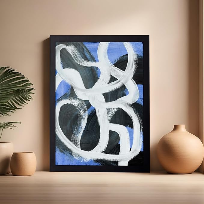 Monem Art Bold Blue Brushstroke Abstract Print - Modern Textured Line Art Poster - Wall Decor for Living Room, Bedroom or Office - 16x20 Black Framed Wall Art by Mareike Bohmer