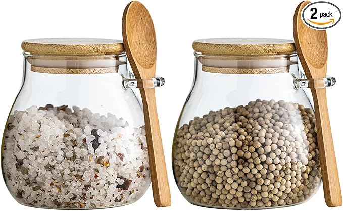 Airtight Glass Food Storage Jars with Bamboo Lid and Spoon - Wide Mouth Leak Proof Kitchen Canisters for Coffee Beans,Tea Leaves,Cereal,Flour,Nuts,and Pantry Organization (16oz 2PCS)