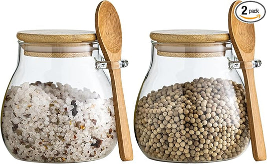 Airtight Glass Food Storage Jars with Bamboo Lid and Spoon - Wide Mouth Leak Proof Kitchen Canisters for Coffee Beans,Tea Leaves,Cereal,Flour,Nuts,and Pantry Organization (16oz 2PCS)