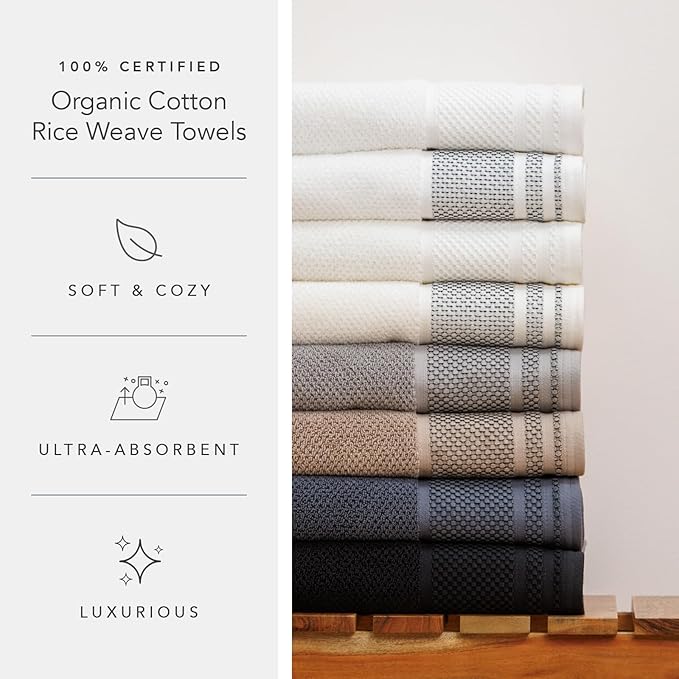 Texere 100% Organic Cotton Rice Weave Jacquard Luxury Bath Towel Sets - Soft and Absorbent Hotel and Spa Quality - 2 Large Bath Towels, 2 Hand Towels, 2 Washcloths (Rice Weave, Cream, 6 Piece)