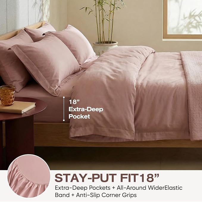 Real 100% Viscose Derived from Bamboo Sheets Set Queen Size, Cooling & Silky Soft for Hot Sleeper, Luxury with Breathable & Moisture Wicking Fabric, 18" Deep Pocket with Corner Straps (Sand, Queen)