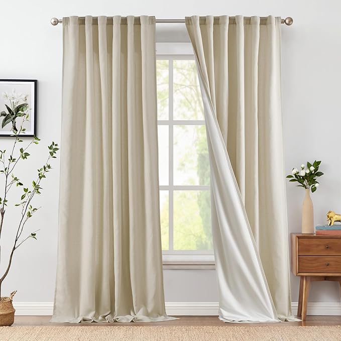 jinchan Linen Curtains with Privacy Lining 96 inch Length Lined Curtains for Living Room Bedroom Light Filtering Oatmeal Drapes Neutral Farmhouse Cottage Core Home Office Rod Pocket Back Tab 2 Panels