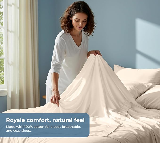 ROYALE LINENS 100% Organic Cotton Twin XL Sheet Set - Percale Weave - 3 Pieces Set - 1 Flat, 1 Deep Pocket Fitted Sheet and 1 Pillowcases - Cream Bed Sheets - Sábanas Twin XL - Crisp Cool (Cream)