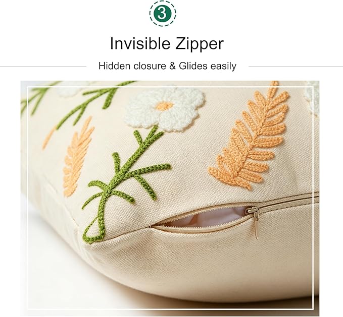 Embroidered Throw Pillow Cover 18x18 Inch,Cotton Canvas Floral Pillow Case, Daisy Wildflower Leaf Boho Farmhouse Decorative Cushion Square for Sofa Bedroom Living Room Outdoor Couch (A006)