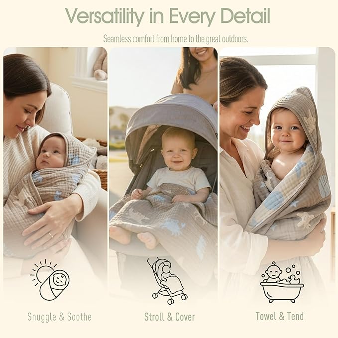Ultra-Soft Muslin Baby Hooded Towel - 32 x 32 Inches, Ideal for Bath & Beach, Suitable for Both Boys & Girls from Newborns to Toddlers（Ocean Coffee