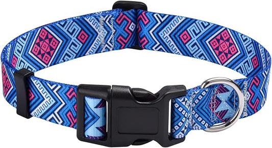 Mihqy Dog Collar with Bohemia Floral Tribal Geometric Patterns - Soft Ethnic Style Collar Adjustable for Small Medium Large Dogs(Blue Ethnic Style,S)