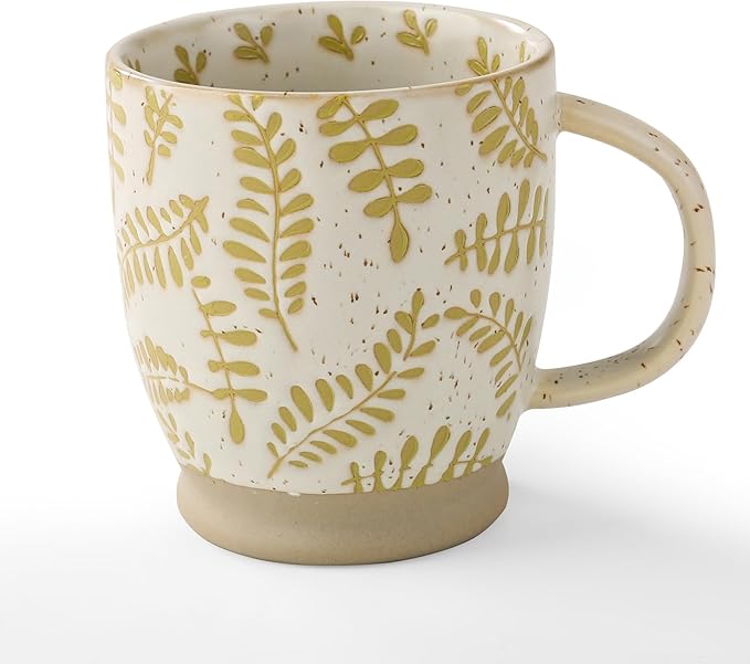 Ceramic Coffee Mug with Colorful Pattern, 18OZ Stoneware Coffee Mug with Large Handle, Tea Cup for Cappuccino, Cocoa, Latte, Tea, Microwave, Oven and Dishwasher Safe, Green leaves