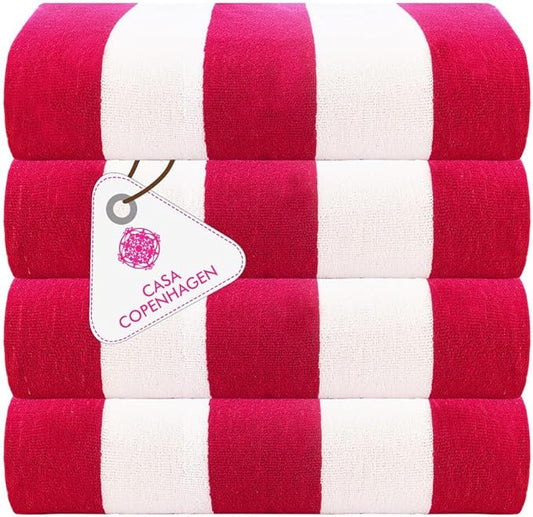 CASA COPENHAGEN Cabana Towel 4Pcs Coral Designer Stripe Beach Towels Gift Set, 30"x60" Oversized 100% Cotton Pool Bath Towel for Beach Gift Set (Perfect Summer Gift Set for Women & Men)