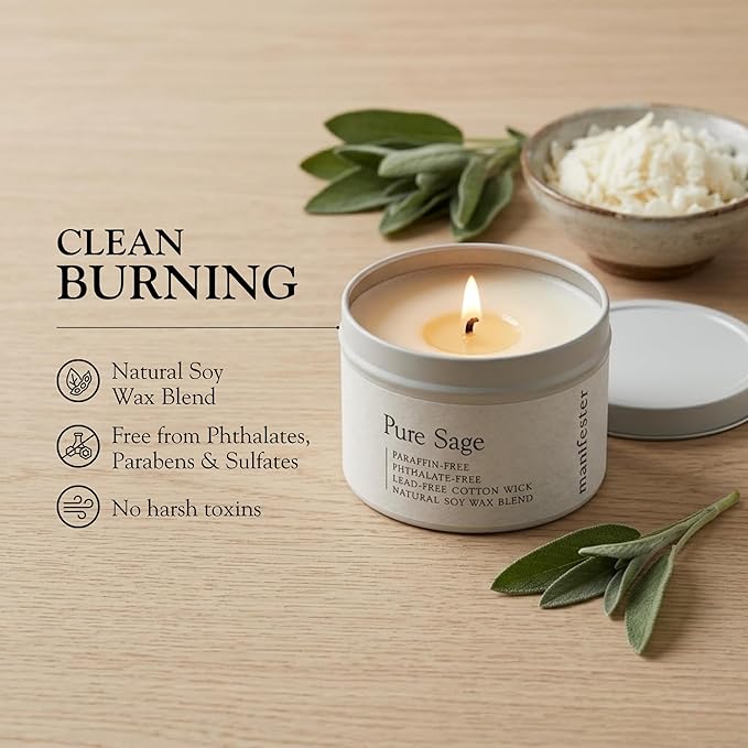 Sage & Palo Santo Natural Soy Wax Candle with Mantra – Clean Burn 100% Cotton Wick (No Lead or Zinc) – Phthalate-Free & Paraben-Free – Long-Lasting – 6 oz (CEO Manifester Sage + Palo Santo)