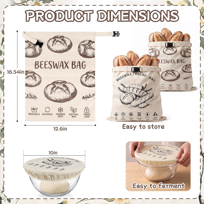 3 Pack Beeswax Bread Bags 17"x13" & 10" Bowl Cover Set, Reusable Organic Linen Bread Storage Bag for Sourdough Homemade Bread, Freezer Safe Zero Waste Eco-Friendly Food Wrap Set for Baking and Storage