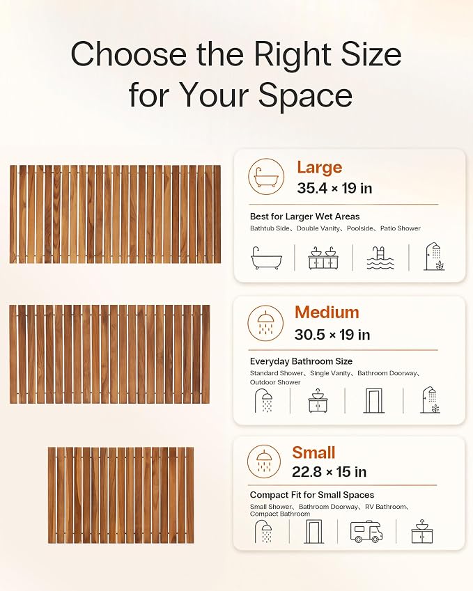 StrongTek Roll Up Teak Bath Mat, Pre-Oiled Wooden Shower Mat with Non-Slip Pads, Teak String Mat for Bathroom, Spa Floor Mat for Tub, Shower & Entry, 30.5 x 19 in