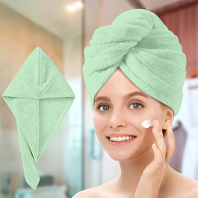 Microfiber Hair Drying Turban Towels, Pack of 3 (Green-Pink-Grey)