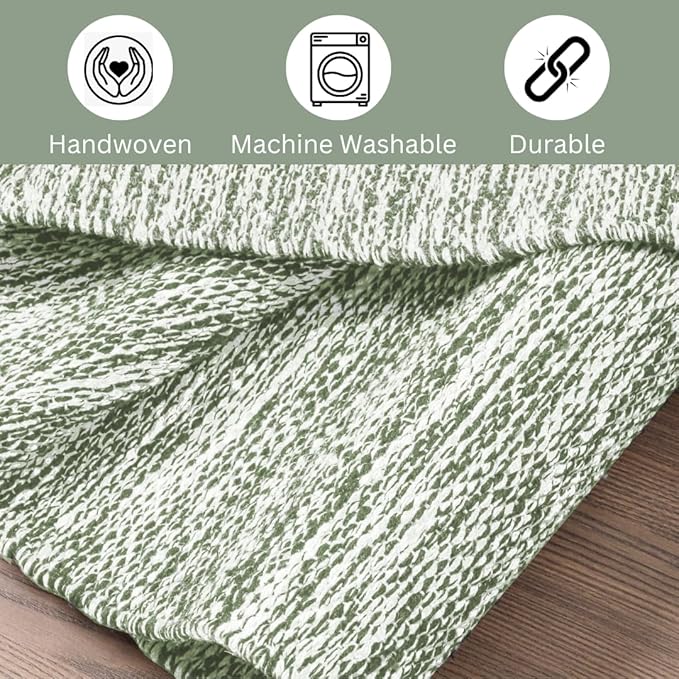 Hand Woven Area Rug 4x6 Feet - Rustic Farmhouse Bohemian Accent Rug for Living Room Bedroom Kitchen Entryway Floor Mats - Ideal for High Traffic Areas 100% Cotton Rag Rug Green
