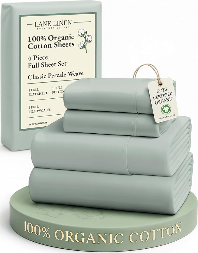 LANE LINEN 100% Organic Cotton Full Sheets Set, Soft & Comfy Percale Weave Fully Elasticized Reinforced Seams Sustainably Produced Oeko Tex Certified Deep Pocket Cotton Full Size Sheet - Cool Blue