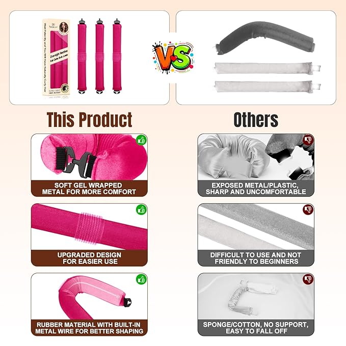 BLAAROOM Overnight Heatless Hair Curler, Upgraded with Hair Pad Grippers Satin Jumbo Flexi Blowout Curls Rods, 3pcs No-Heat Styling Tools Curling Rod to Sleep in for All Hair Types - Rose Red