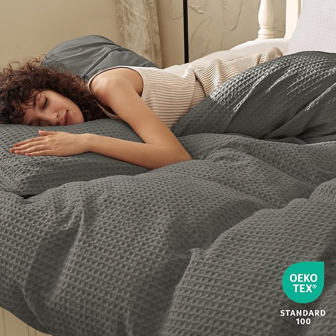 PHF Waffle Weave Duvet Cover Set King Size, No Snagging Ultra Soft Luxury Textured Breathable Comforter Cover for All Season 3pcs, Durable Bedding Duvet Set with 2 Pillow Shams, 104"x90", Grey