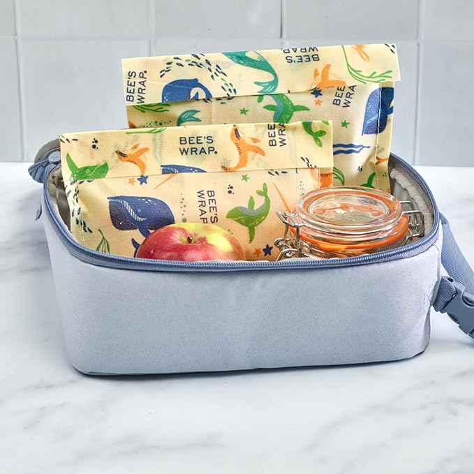 Bee's Wrap Beeswax Wraps for Food - 2 Pack of Assorted Beeswax Wraps - Snack Bag & Sandwich Wrap - Plastic Free Made in USA Reusable Natural Food Wrap - Under The Sea