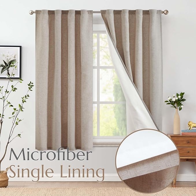 jinchan Linen Curtains with White Privacy Lining Taupe Lined Curtains 63 inch for Closet Small Window Living Room Bathroom Neutral Farmhouse Cottage Core Light Filtering Rod Pocket Back Tab 2 Panels
