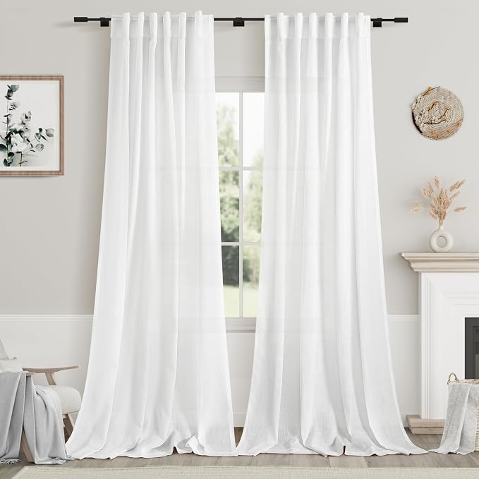 White Linen Curtains Back Tab Sheer Curtains 90 Inches Long for Living Room 2 Panels Rod Pocket Neutral Semi Sheer Light Filtering Pleated Curtain Drapes White Farmhouse Dining Room Curtain 42x90