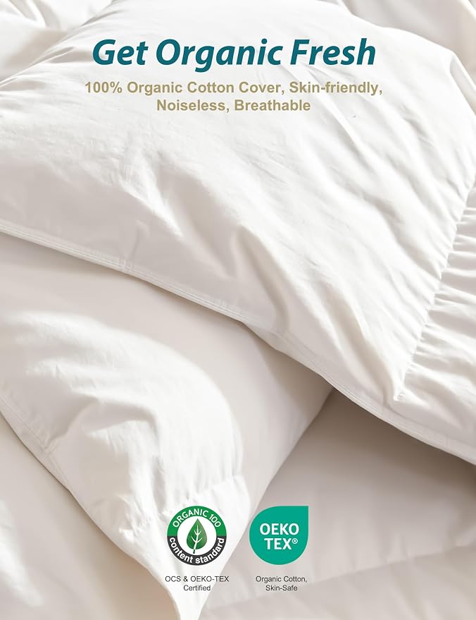 Cobnom® Organic Cotton Down Comforter Queen Size - Fluffy High Fill-Power Down & Feather Fibers Duvet Insert, All-Season Hypoallergenic Hotel-Style Bedding (Ivory White 90x90 Inch)
