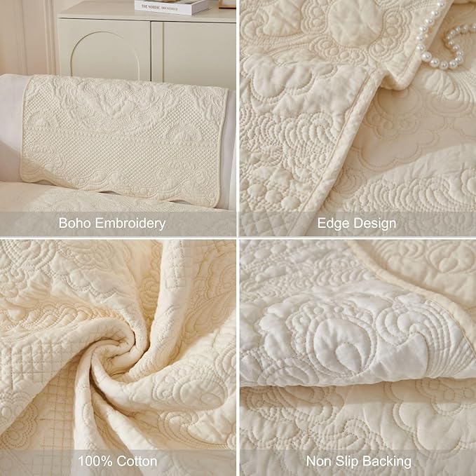 vctops Boho Cotton Quilted Couch Cover Soft Embroidered Sofa Cover Non-Slip Dog Bed Cover Scalloped Sofa Slipcover Washable Furniture Protector Cover (Cream,36"x36")