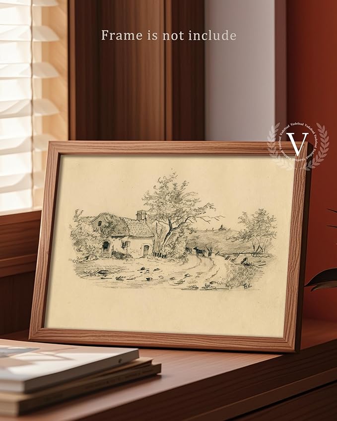Vodefoad Sketch Cottage Retro Vintage Canvas Wall Art Rural Life Murals Vintage Neutral Wall Art for Home Decor Farmhouse Landscape Sketch Drawing Wall Decor Rustic Nature Canvas Prints Antique Neutral Landscape Oil Painting Vintage Art Pictures for Be...