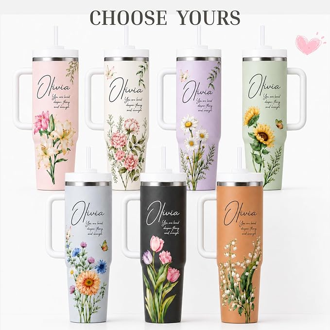 Personalized 40 oz Floral Tumbler with Optional Makeup Bag, Custom Name Insulated Stainless Steel Travel Cup with Straw, Personalized 2-In-1 Gifts for Teacher Appreciation, Women Mom Sister Grandma