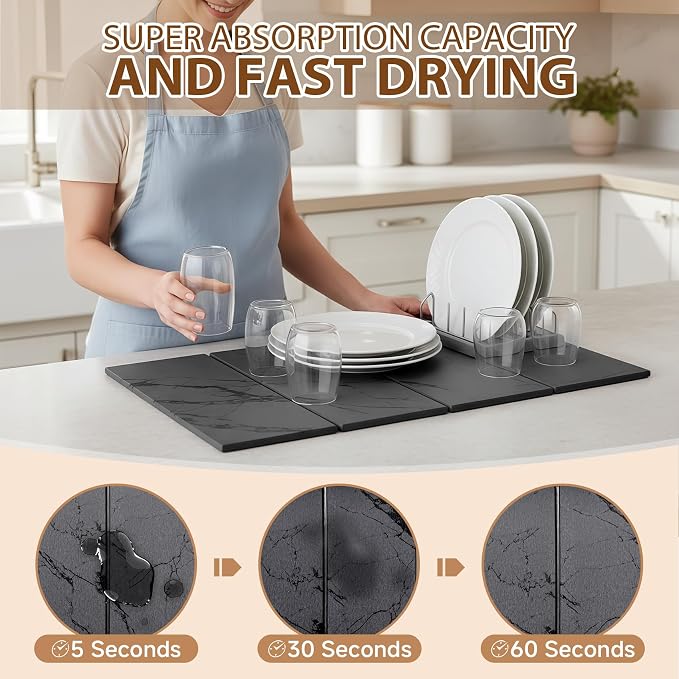Large Stone Dish Drying Mat for Kitchen Counter,24"(L)×16"(W),Quick Dry Super Absorbent Drying Matt Kitchen Counter,Collapsible Diatomaceous Earth Dish Mats,for Dishes Bottles Cups,Any Countertop