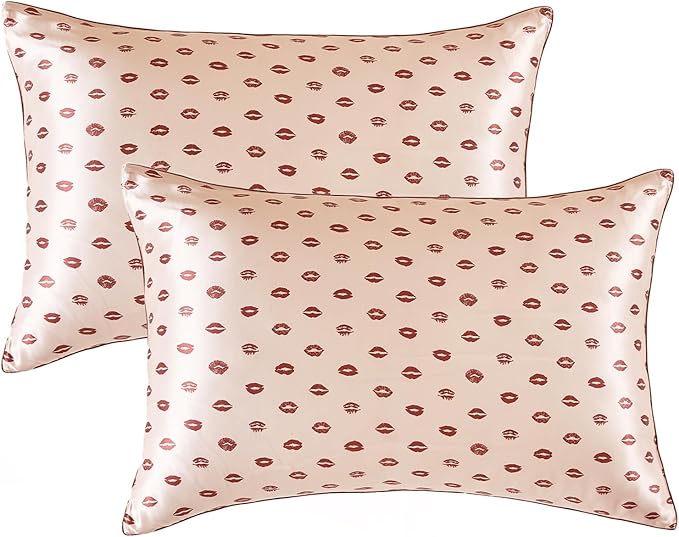THXSILK Set of 2 Natural Mulberry Silk Pillowcase Hypoallergenic Zipper Pillow Case - Grade 6A+ 100% Pure Mulberry Real Silk Pillowcase (Pink Lipprint, Queen Size 20"x30")