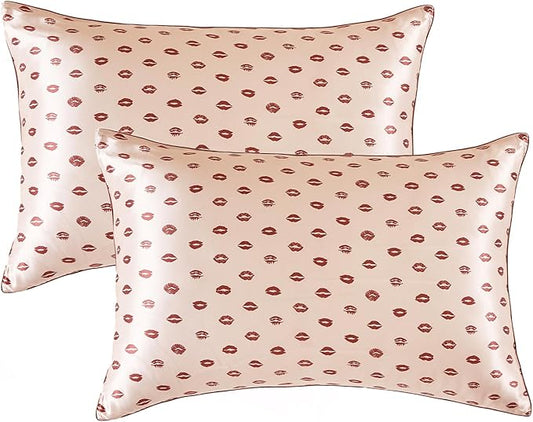 THXSILK Set of 2 Natural Mulberry Silk Pillowcase Hypoallergenic Zipper Pillow Case - Grade 6A+ 100% Pure Mulberry Real Silk Pillowcase (Pink Lipprint, Queen Size 20"x30")
