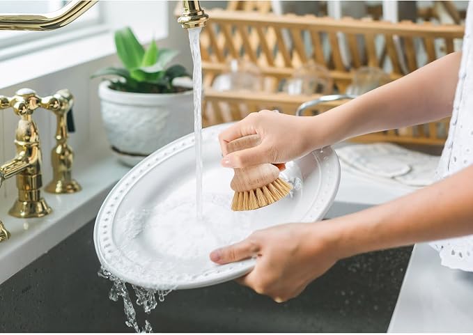 HIC Harold Import Co. Kitchen Natural Bristle Dish Pan Scrub Brush, Non-Scratch Natural Tampico Bristles with Wooden Handle