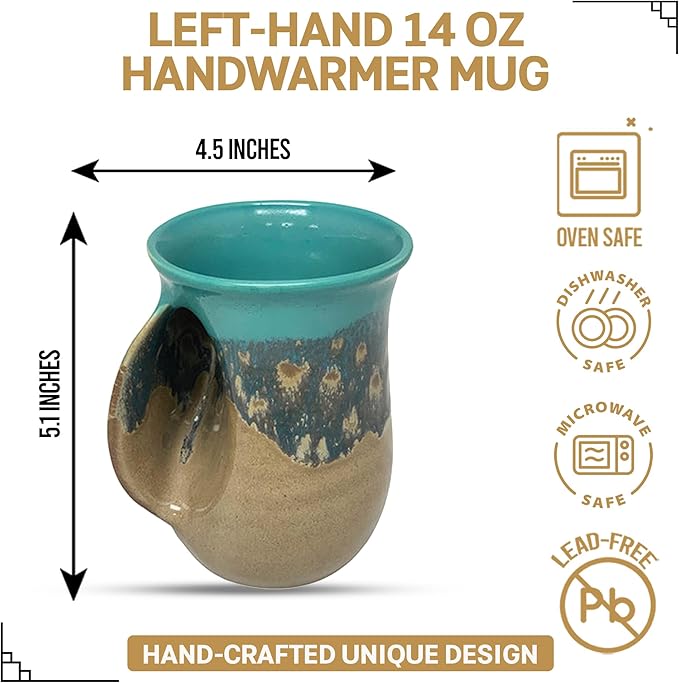 Clay in Motion Hand Warmer Coffee Mug – Handmade Coffee Mug With Comfortable Handle Contoured Pocket Hand Warming Ceramic Coffee Mug – Proudly Made in USA – Left Handed – 14 Oz - Island Oasis