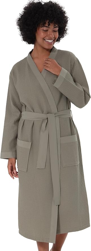 SEYANTE Women's Organic Cotton Waffle Kimono, Hooded Robe – GOTS Certified Lightweight Full-Length Spa Bathrobe with Piping