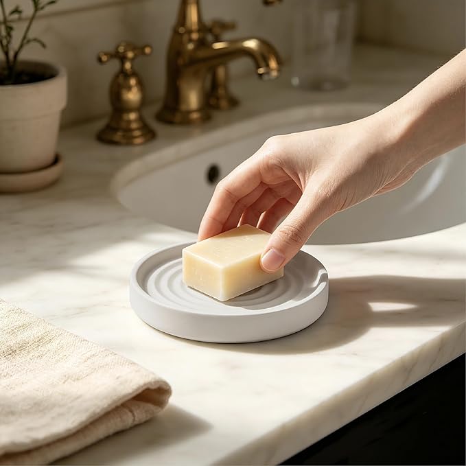 Diatomite Soap Holder 4.8 in Natural Diatomaceous Earth Absorbent Tray Quick Dry Water Ripple Soap Dish (Grey)