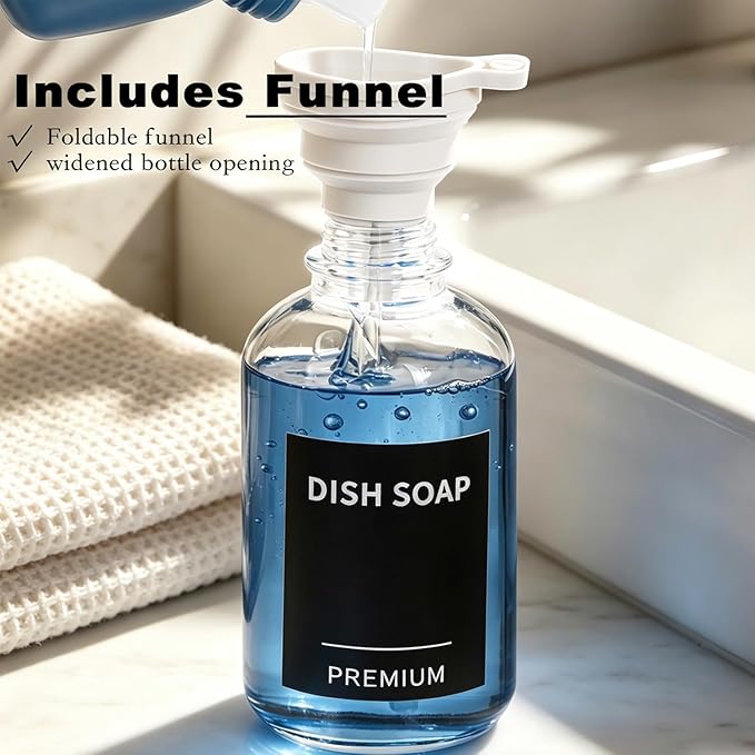 12oz Dish Soap Dispenser for Kitchen, Hand Glass Soap Dispenser Set with Pump, Tray, Funnel for Bathroom, Shower, Laundry, Liquid, Lotion (Black 2 Pack Clear Bottles with 12 Stickers)