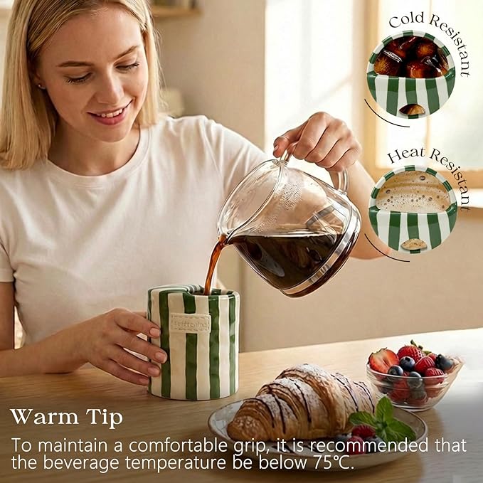 Ceramic Coffee Mug with Lid, Ceramic Travel Mug with Straw Hole, 12oz Retro Striped To Go Coffee Mug for Hot & Cold Drinks, Microwave & Dishwasher Safe，Green