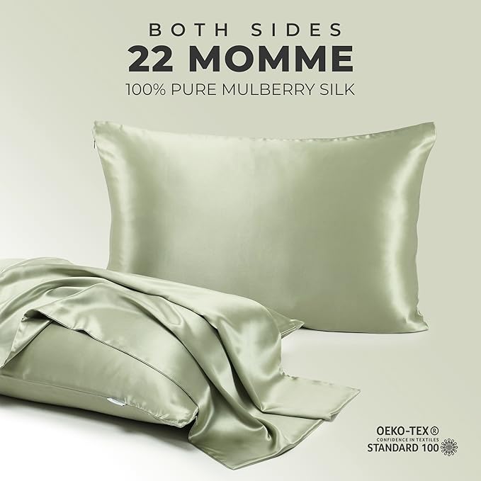 100% Pure Mulberry Silk Pillowcase for Hair and Skin, 6A Grade 22 Momme Silk Pillow Cases with Zipper, Soft Cooling Washable Both Sided Silk Pillow Cover (Olive Green, Queen 20''x30'')