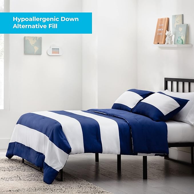 LINENSPA All Season Hypoallergenic Down Alternative Microfiber Comforter, California King, Navy/White