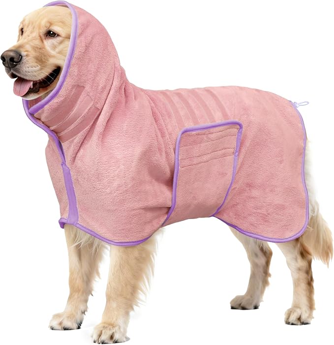 Soft Dog Bathrobe Fast Drying Dog Coat, Super Absorbent Dog Towels for After Bath, Microfiber Pet Robe Adjustable Collar & Belly Warm Keeping Dogs Coat for Pet Dogs & Cats (Pink, XX-Large)