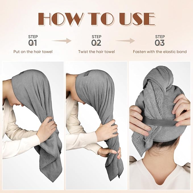 AIDEA Microfiber Hair Towel, 40 X 20 Inches Soft Wrap for Women, Super Absorbent & Fast Drying Turbans for Long, Thick, Curly Hair- Anti Frizz Wrap with Elastic Strap