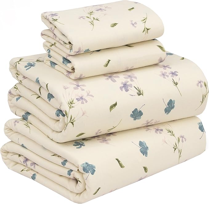 RUVANTI Flannel Sheets King Size - 100% Cotton Double Brushed King Size Sheets Set - Deep Pockets 16 Inches Bed Sheets - All Seasons Breathable & Extra Soft - Warm & Cozy, 4 Piece, Jasmine Stamp Cream