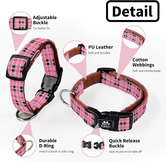 NESTROAD Dog Collar and Leash Set,Soft Neoprene Pet Collar with Quick Release Buckle,Adjustable Nylon Dog Collars for Small Medium Large Dogs(Small,Cherecked Pink)