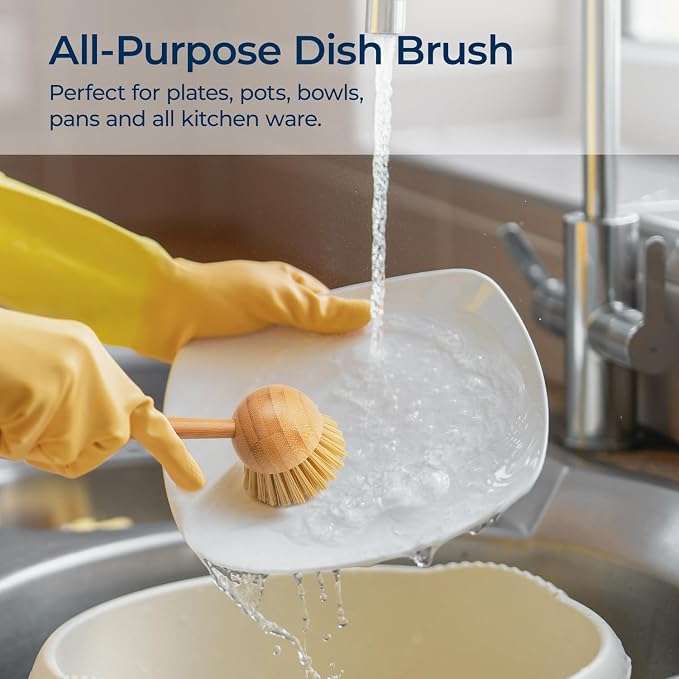 Lorzon 2 Pack Dish Brush with Handle, Bamboo Dish Scrub Brush, Kitchen Brushes for Dishes, Scrubber, Pots, Pans, Sink, Dishwashing Cleaning Brush