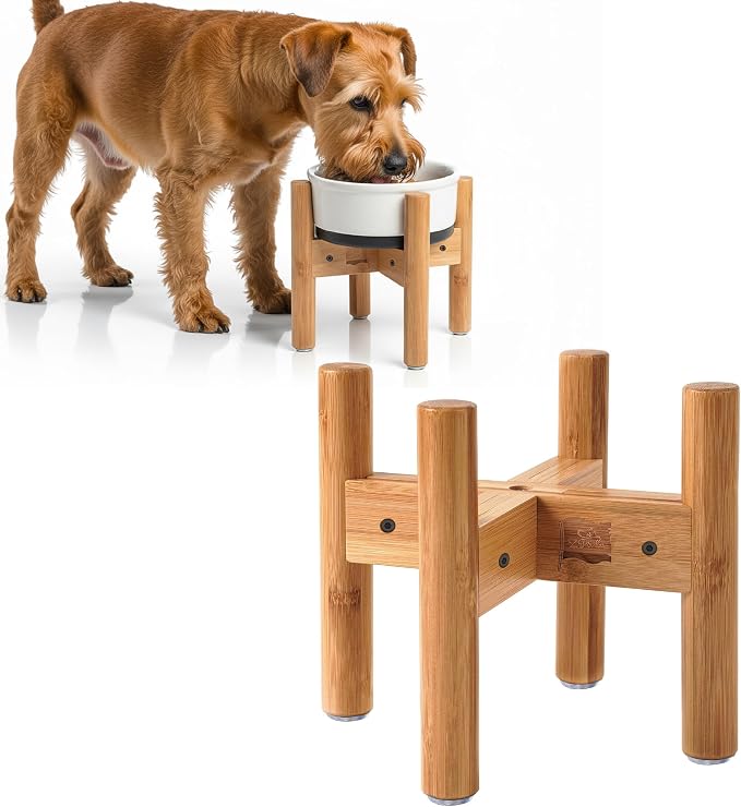 Dog Bowl Stand for Small-to-Medium Dogs - Adjustable, Easy Fold-Down, Comes with Foot Pads and Assembly Tool - Bamboo