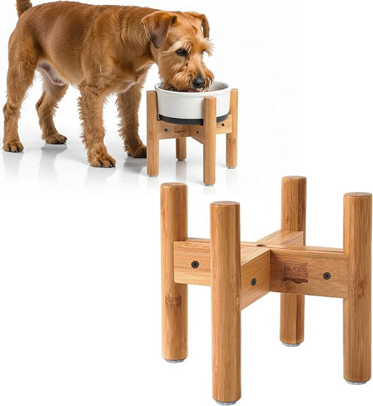 Dog Bowl Stand for Small-to-Medium Dogs - Adjustable, Easy Fold-Down, Comes with Foot Pads and Assembly Tool - Bamboo