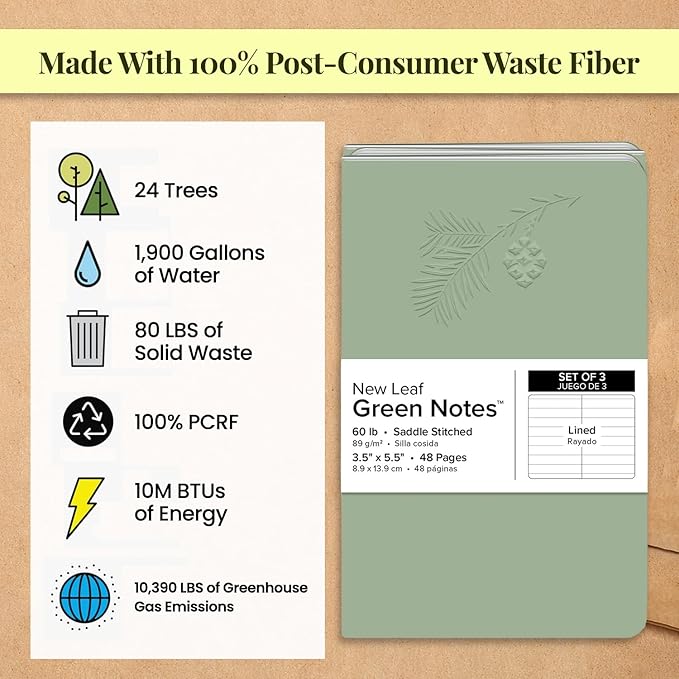 New Leaf Green Notes 100% Recycled Memo Books, 3-Pack Lined Pages, 3.5" x 5.5", Redwood Embossed Cover, Saddle Stitch, FSC Certified, Made in USA