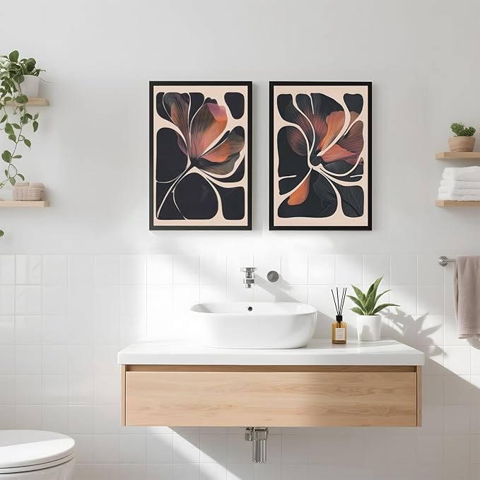 Abstract Floral Wall Art Prints Set of 2 Modern Mid Century Botanical Canvas Painting Posters Black Orange Flower Picture Wall Decor Aesthetic for Bedroom Home Decor 24x36inch Black Framed