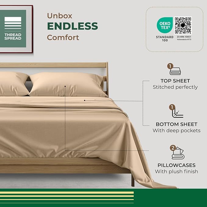 THREAD SPREAD 100% Organic Cotton Sheets King Size - 4 PC Organic Cotton King Size Percale Weave Sheet Set, Soft, Cooling, Crisp & Breathable, 16" Deep Pocket Hotel Quality Bedding Set - Taupe